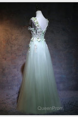 Beautiful Light Green Tulle Long Party Dresses, A-Line Floor Length Evening Prom Dresses