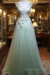 Beautiful Light Green Tulle Long Party Dresses, A-Line Floor Length Evening Prom Dresses