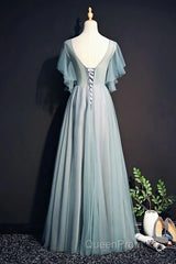 Beautiful Light Green Tulle Long Party Dresses, Green Lace Low Back Evening Prom Dresses Evening Dresses