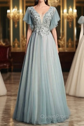 Beautiful Light Green Tulle Long Party Dresses, Green Lace Low Back Evening Prom Dresses Evening Dresses