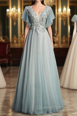 Beautiful Light Green Tulle Long Party Dresses, Green Lace Low Back Evening Prom Dresses Evening Dresses