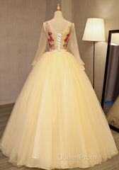 Beautiful Light Yellow Long Sleeves Quinceanera Dresses, Ball Gown Sweet 16 Dresses