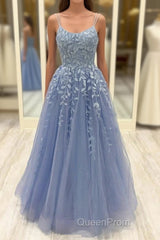 Beautiful Long A-line Scoop Neck Tulle Lace Formal Evening Prom Dresses