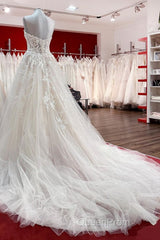 Beautiful Long A-line Strapless Tulle Ivory Wedding Dresses with Appliques Lace
