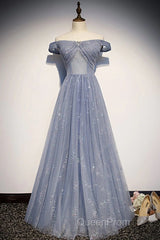 Beautiful Long Strapless Blue Tulle Beaded Long, A Line Off Shoulder Evening Prom Dresses