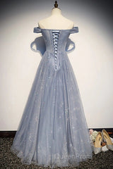 Beautiful Long Strapless Blue Tulle Beaded Long, A Line Off Shoulder Evening Prom Dresses