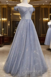 Beautiful Long Strapless Blue Tulle Beaded Long, A Line Off Shoulder Evening Prom Dresses