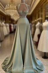Beautiful Mermaid Sage Green Long Satin Evening Prom Dresses
