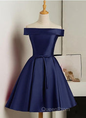 Beautiful Navy Blue Satin Knee Length Homecoming Dresses, Blue Short Evening Prom Dresses