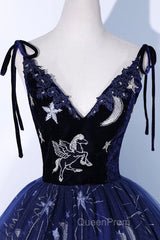 Beautiful Navy Blue Tulle Long Evening Prom Dresses, Spaghetti Straps Lace Flower Backless Formal Dresses