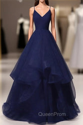 Beautiful Navy Blue Tulle V-neckline Straps Long Party Dresses, Blue Evening Gown