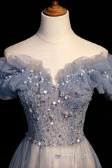 Beautiful Off Shoulder Puffy Sleeves Beaded Party Dresses Evening Prom Dresses, Blue Evening Gown