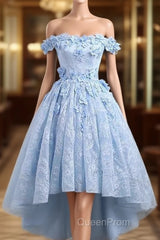 Beautiful Off The Shoulder Blue Evening Prom Dresses Lace Applique, High Low Evening Prom Dresses