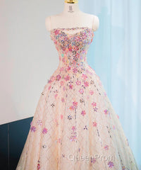 Beautiful Pink Beaded Flowers A-Line Strapless Long Evening Prom Dresses Gorgeous Formal Evening Dresses