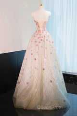 Beautiful Pink Beaded Flowers A-Line Strapless Long Evening Prom Dresses Gorgeous Formal Evening Dresses