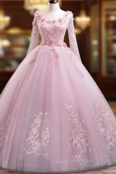 Beautiful Pink Flowers Long Formal Dresses, Pink Sweet 16 Gown Party Dresses