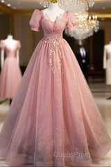 Beautiful Pink Tulle Floor Length Evening Prom Dresses, Cute Short Sleeve Evening Dresses