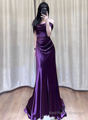 Beautiful Purple Satin Mermaid Off Shoulder Prom Dress, Purple Satin Evening Dress
