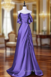 Beautiful Purple Satin Off Shoulder Evening Dresses, Purple Satin Evening Dresses Evening Prom Dresses