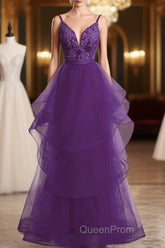 Beautiful Purple Tulle Layers With Lace Long Evening Dresses, Purple Evening Prom Dresses Party Dresses