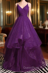 Beautiful Purple V-Neckline Straps Layers Tulle Party Gown, Purple Evening Dresses