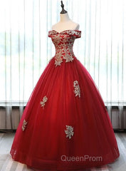 Beautiful Red Off Shoulder Long Sweet 16 Dresses With Gold Lace Top, Party Dresses