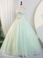 Beautiful Sage Green Tulle Floor Length Evening Prom Dresses, A-Line Off The Shoulder Evening Part Dresses