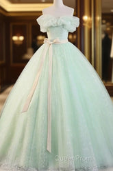 Beautiful Sage Green Tulle Floor Length Evening Prom Dresses, A-Line Off The Shoulder Evening Part Dresses