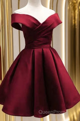 Beautiful Satin Off Shoulder Lace-Up Knee Length Bridesmaid Dresses , Short Homecoming Dresses