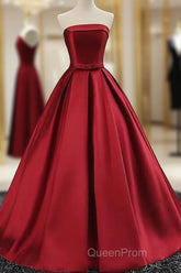 Beautiful Satin Scoop Floor Length Ball Evening Prom Dresses , Dark Red Sweet 16 Gown