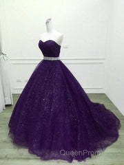 Beautiful Shiny Purple Tulle Beaded Ball Gonw Party Dresses, Purple Evening Prom Dresses