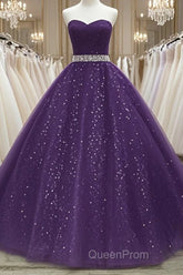 Beautiful Shiny Purple Tulle Beaded Ball Gonw Party Dresses, Purple Evening Prom Dresses