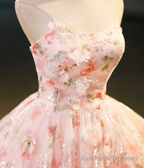 Beautiful Strapless Tulle Flower Long Pink Ball Gown