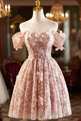 Beautiful Tulle Flower Knee Length Evening Prom Dresses, Off the Shoulder Short Sleeve Evening Party Dresses