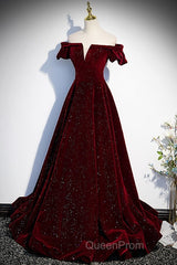 Beautiful Wine Red Off Shoulder Velvet Long Party Dresses, A-Line Dark Red Evening Prom Dresses