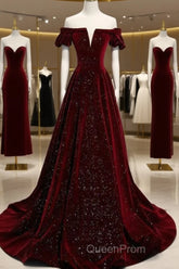 Beautiful Wine Red Off Shoulder Velvet Long Party Dresses, A-Line Dark Red Evening Prom Dresses