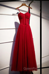 Beautiful Wine Red Tulle Long Straps Party Dresses Evening Prom Dresses, A-Line Dark Red Formal Gown