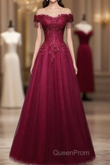 Beautiful Wine Red Tulle Sweetheart Long Evening Prom Dresses, A-Line Party Dresses