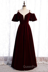 Beautiful Wine Red Velvet Off Shoulder Floor Length Party Dresses, Velvet Junior Evening Prom Dresses