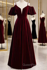 Beautiful Wine Red Velvet Off Shoulder Floor Length Party Dresses, Velvet Junior Evening Prom Dresses