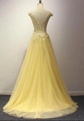Beautiful Yellow Long Evening Prom Dresses, A-Line Round Neckline Formal Dresses