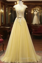 Beautiful Yellow Long Evening Prom Dresses, A-Line Round Neckline Formal Dresses