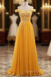 Beautiful Yellow Off Shoulder Long Party Dresses, Sweetheart Formal Dresses