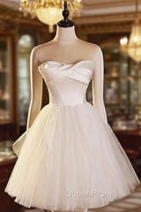 Beige Tulle Satin Strapless Pleats Homecoming Dresses