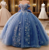 Big Bow Floral Flower Lace Applique Off Shoulder Ball Gown Quinceanera Dresses