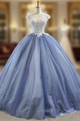 Biggest Sale Blue Ball Gown Tulle Cap Seeve Beading Long Evening Prom Dresses