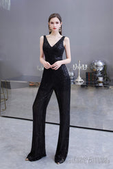 Shining V-neck Sequin Sleeveless Prom Jumpsuit