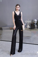 Shining V-neck Sequin Sleeveless Prom Jumpsuit