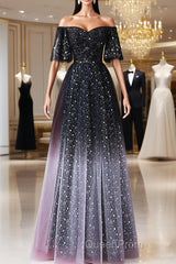 Black A-Line Gradient Tulle Short Sleeves Evening Prom Dresses, Black Long Evening Dresses
