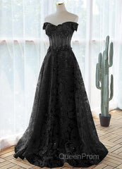 Black A-Line Lace Off Shoulder Tulle With Lace Evening Prom Dresses, Black Long Evening Dresses